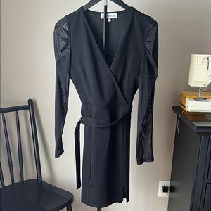 Almost Famous Black V-Neck Dress with Sheer Mesh Sleeves